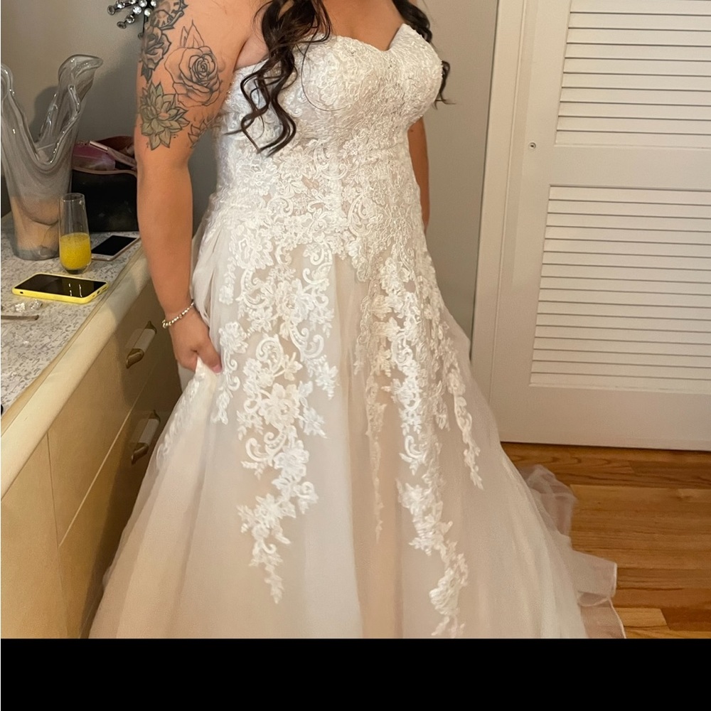 David’s bridal champagne and ivory ball gown wedding dress